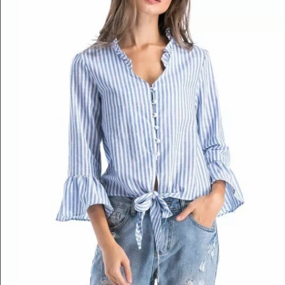 Msquared Blue Stripe Tie-Accent Bell-Sleeve Top